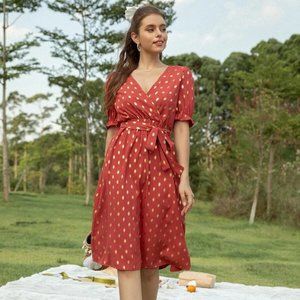Gilding Dot Print Flounce Sleeve Belted Dress